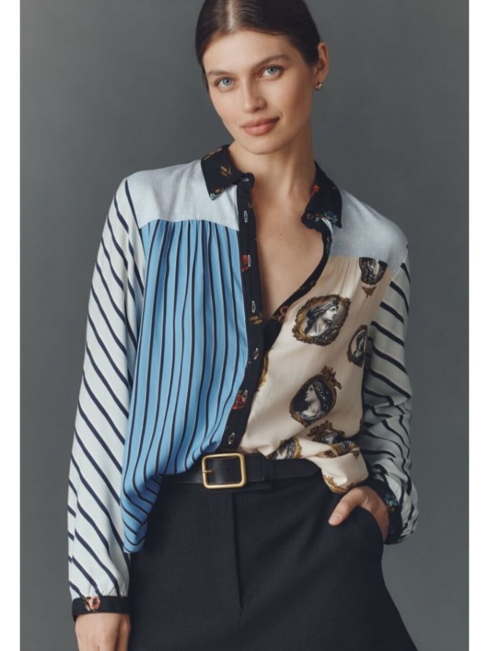 Anthropologie Maeve Paz Mixed-Print Portrait Button-Up Blouse XXS